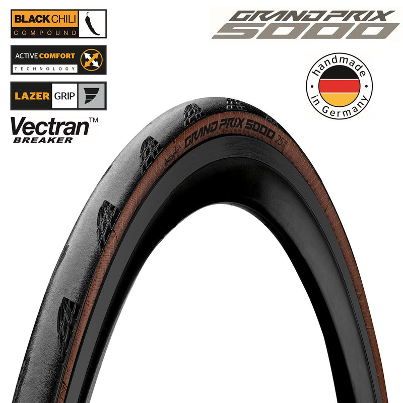 Continental GP 5000 Grand Prix Folding Road Bike Tyre Black/Transparent Tan Wall 700 x 25c