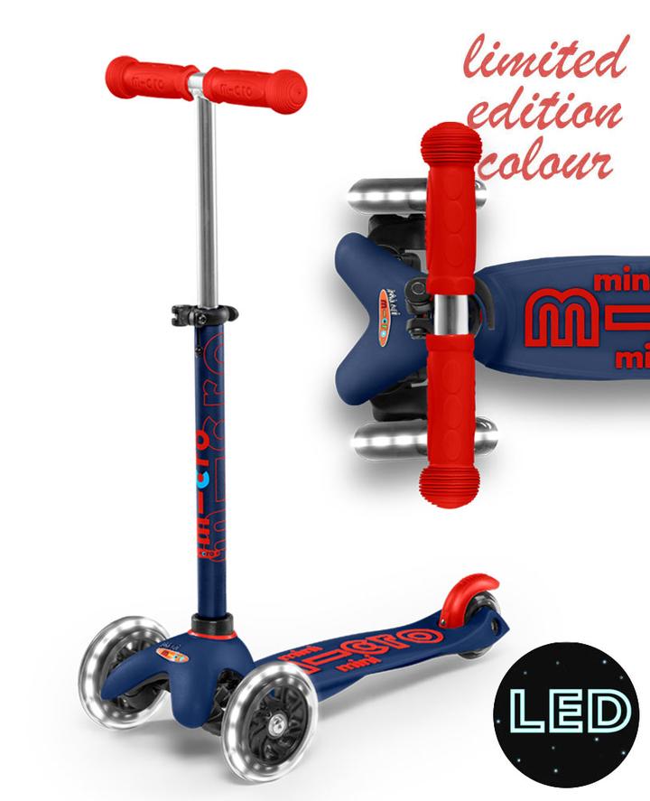 Micro Mini Deluxe LED 3 Wheel Scooter Navy Blue and Red