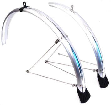 Flinger Mudguard Set with stays and metal fittings, suitable for 700c Trekking/Hybrid, 44mm wide Silver (3447)